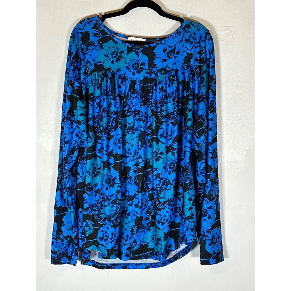 Fantaslook XL Blue Black Dark Floral Babydoll Blouse Long Sleeve Pleated Top